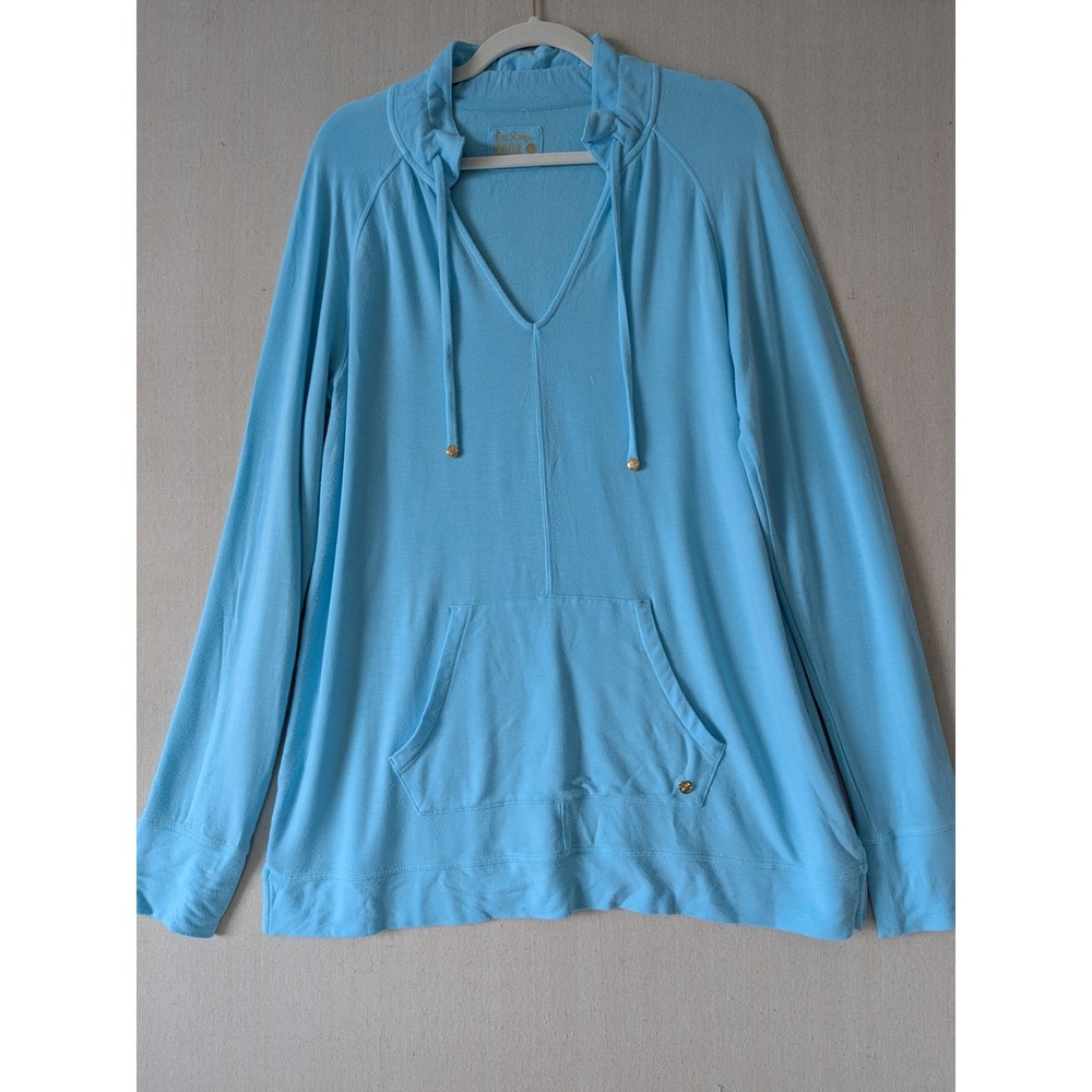Lilly Pulitzer Luxletic Hoodie Womens L Blue Modal V-Neck Pullover Lightweight